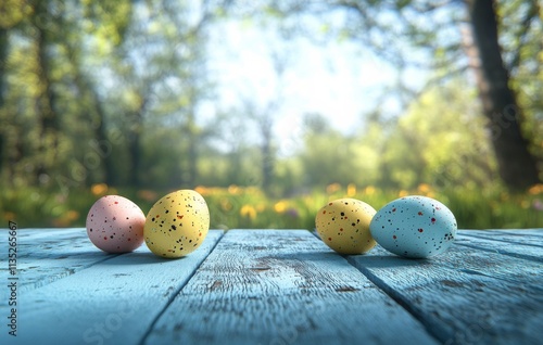 Colorful speckled eggs arranged on a blue wooden surface in a sunny outdoor s...