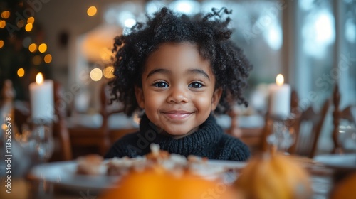 Child enjoying a cozy meal during a festive gathering with warm lights and de...