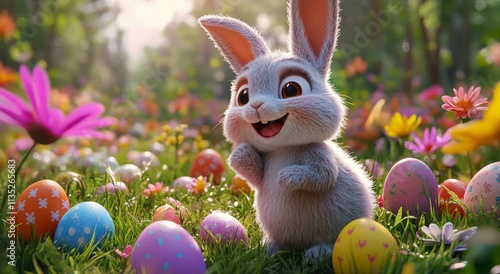 Happy bunny among colorful Easter eggs in a blooming garden during spring