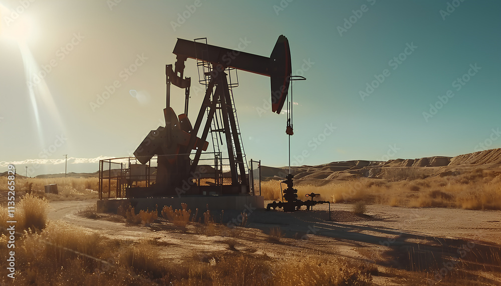 Low angle shot of oil pump jack pumping crude oil under clear blue sunny sky. Fossil fuel energy is the cheapest and the most profitable energy source in whole power generation industry. Low angle shot of oil pump jack pumping crude oil under clear blue sunny sky. Fossil fuel energy is the cheapest and the most profitable energy source in whole power generation industry.