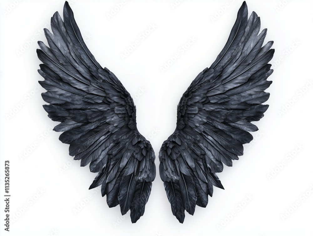 Obraz premium A pair of detailed black wings rests symmetrically, each feather meticulously rendered, highlighting the uniqueness of the design and craftsmanship, isolated on white background