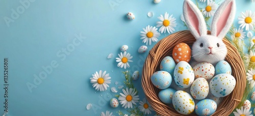 Cute bunny in a basket surrounded by pastel eggs and flowers for a spring cel...