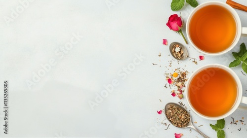 Warm turmeric tea with spices and fresh mint on a vibrant blue background