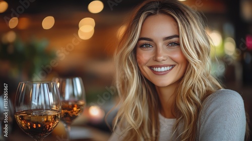 Smiling woman enjoys a lively gathering in a warmly lit outdoor setting durin...