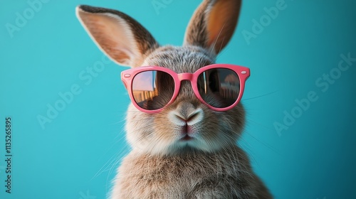 Cute bunny wearing pink glasses poses against a vibrant turquoise background