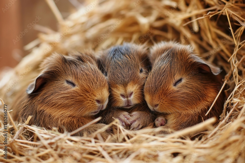 Three Tiny Guinea Pigs Snuggle in Hay Nest