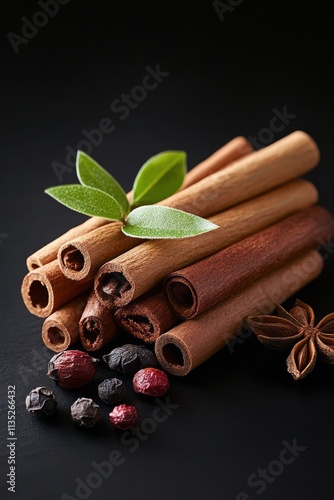 Cinnamon sticks with green leaves and spices arranged on a dark background