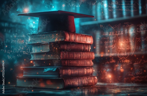 Cap and books symbolize learning and education in a classroom setting