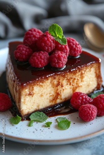Creamy dessert with caramelized top and fresh raspberries on a rustic wooden ...