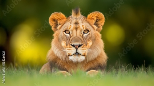Majestic lion gazing into the distance against a soft neutral background