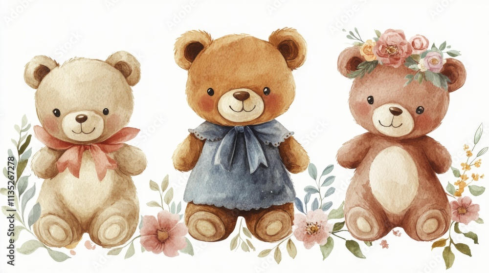 Fototapeta premium Adorable Teddy Bear Trio Illustration