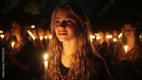 Candlelight vigil with individuals holding candles and reflecting in a somber...