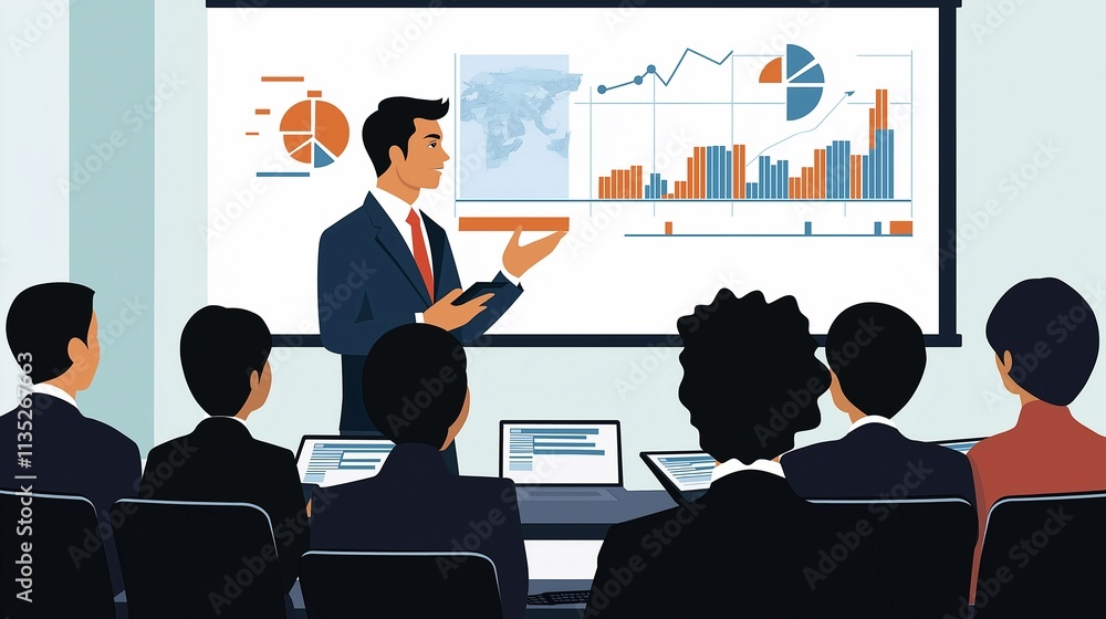 A professional conference room, a man presenting economic data to a diverse group of attendees. The audience focused intently on a screen displaying detailed charts, statistics. cartoon illustration A professional conference room, a man presenting economic data to a diverse group of attendees. The audience focused intently on a screen displaying detailed charts, statistics. cartoon illustration