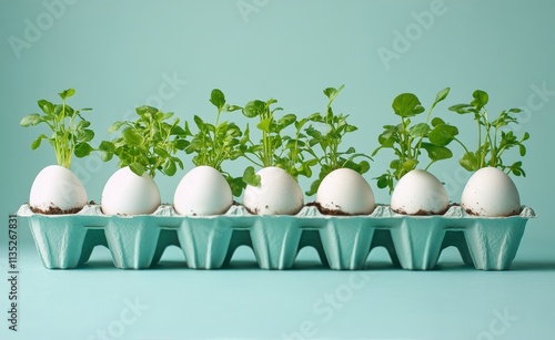 Unique plant growth in eggshells arranged in an egg carton on a turquoise bac...