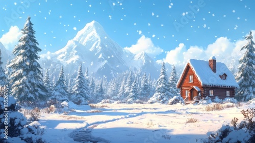 Snowy Mountain Cabin Scene