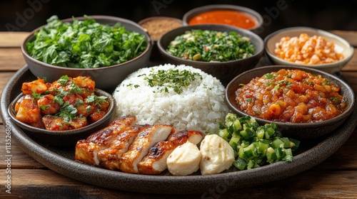 Colorful traditional Indian dish assortment with rice and various curries ser...