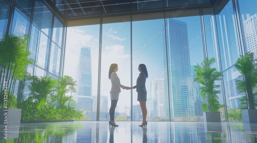 Two businesswome shaking hands in agreement after a successful negotiation. The setting features a bright and welcoming atmosphere with a modern office and a city skyline through large windows Two businesswome shaking hands in agreement after a successful negotiation. The setting features a bright and welcoming atmosphere with a modern office and a city skyline through large windows