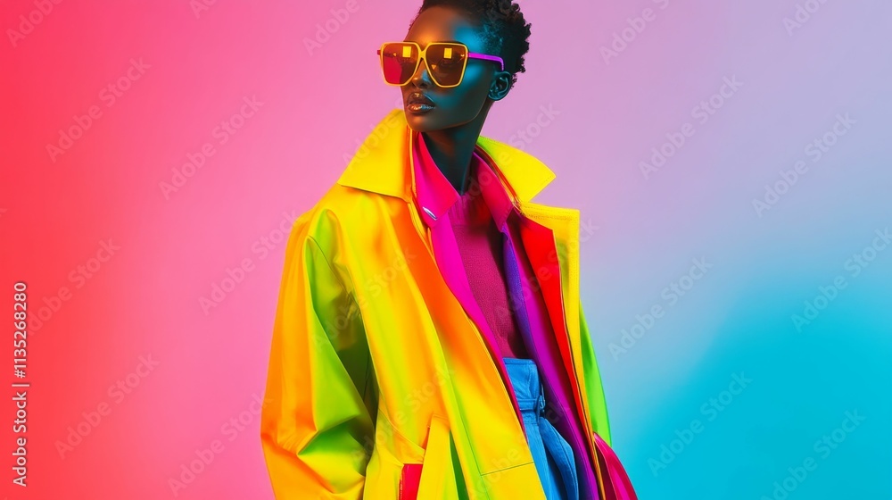 Fototapeta premium Vibrant coat, sunglasses, model, colorful backdrop.