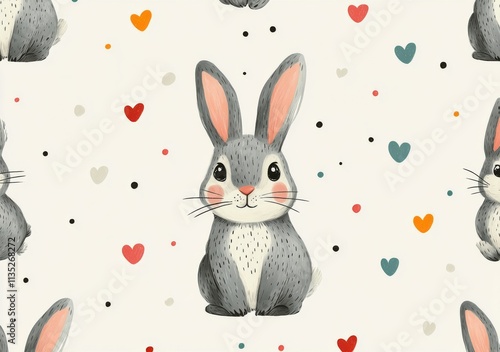 Cute rabbit pattern with hearts and dots in playful design for childrens decor