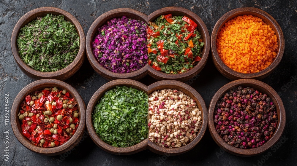 Colorful array of fresh herbs and spices displayed in wooden bowls on a dark surface Colorful array of fresh herbs and spices displayed in wooden bowls on a dark surface