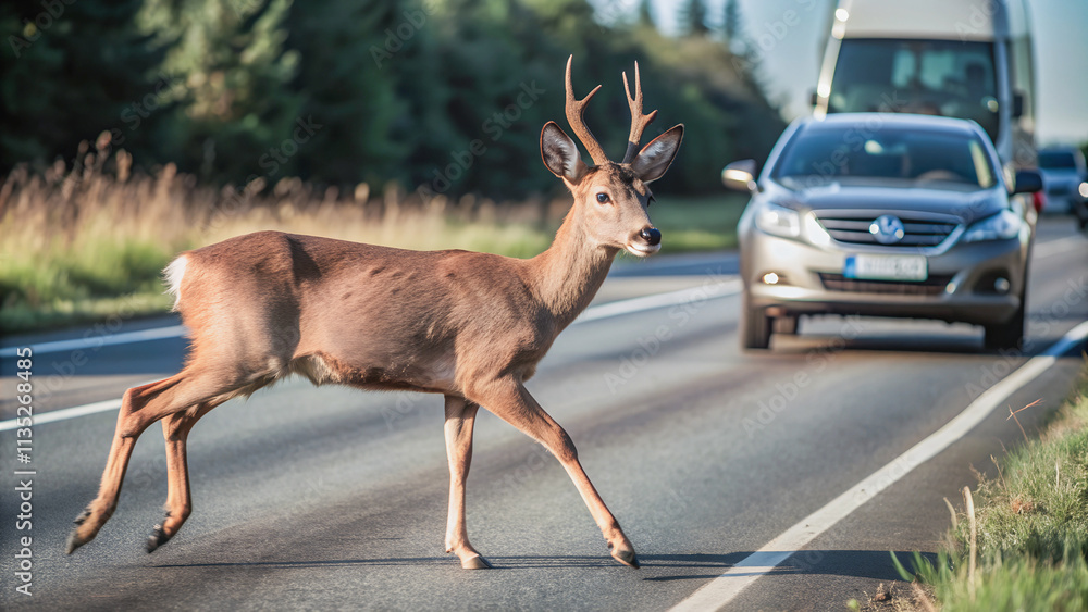 Fototapeta premium A deer cautiously crosses a busy highway, its antlers catching the light.Wildlife crossing- a deer navigates the asphalt, vehicles in the background.