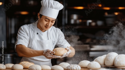 Artisan baker preparing freshly baked bread on a wooden board in a bright kit...