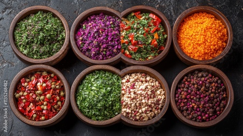 Colorful array of fresh herbs and spices displayed in wooden bowls on a dark ...
