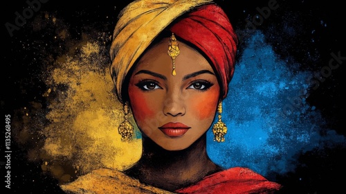 Elegant woman adorned in vibrant headscarf with intricate jewelry against a c...