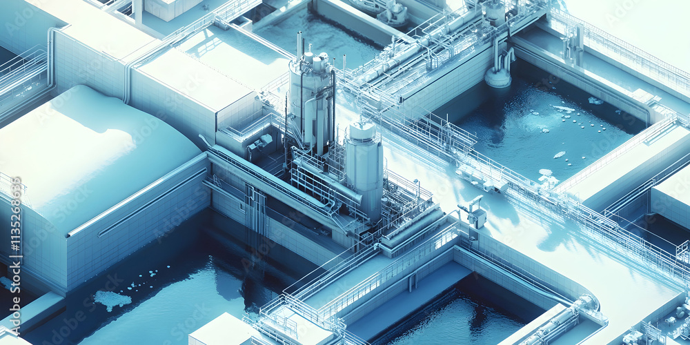 Industrial water treatment plant visualized in blue and white tones Industrial water treatment plant visualized in blue and white tones