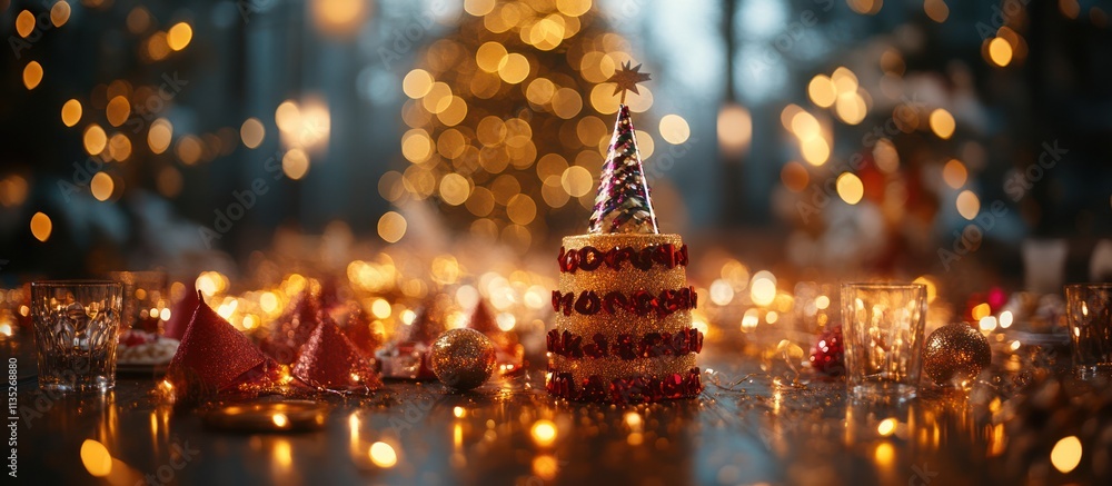 Festive Christmas cake with lights and decorations. Festive Christmas cake with lights and decorations.