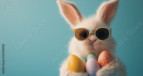 Cute rabbit wearing sunglasses holds colorful Easter eggs against a blue back...