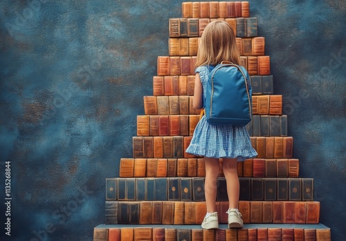 Young child explores colorful stacked books in cozy reading corner during aft...