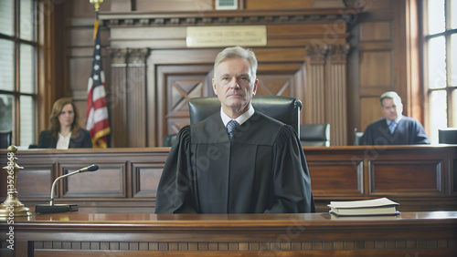 A judge presides over the courtroom, awaiting the next case.The judge sits in the center of the courtroom, ready to hear the proceedings.A moment of anticipation hangs heavy in the courtroom.
 photo