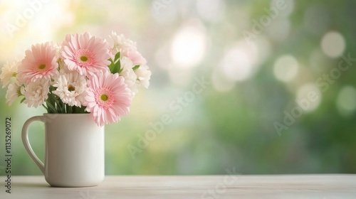 Fresh white flowers in a vase placed on a wooden table beside a softly lit wi...