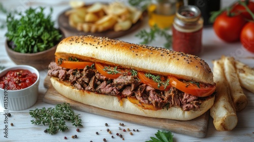 Delicious grilled steak sandwiches with fresh toppings served on a white back...