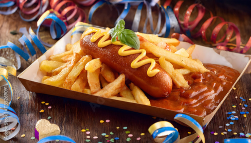 currywurst, mit, pommes, frites, neu, karneval, köln, essen, wurst, fleisch, mahl, konfetti, luftschlangen, rosenmomntag, modern, ad, kölle, alaaf, abendessen, teller, gericht, mayonaise, bunte, bunt, photo