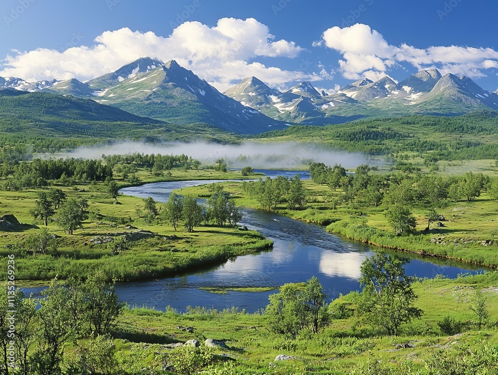 Fototapeta premium A serene landscape featuring mountains, a river, and lush greenery under a blue sky.