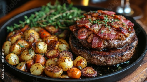 Delicious beef and potato stew served in a rustic bowl with fresh herbs and a...
