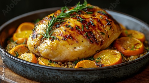 Roast chicken with stuffing and garnishes on a wooden platter for a festive d...