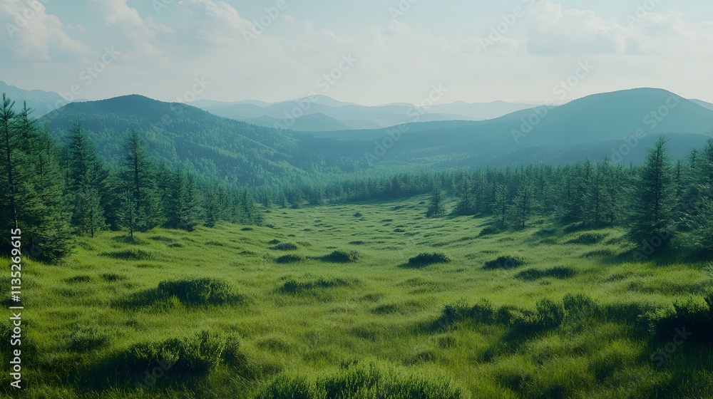 Vast green valleys embrace the rolling hills under a bright blue sky Vast green valleys embrace the rolling hills under a bright blue sky