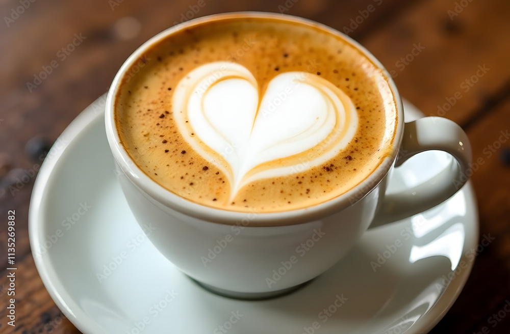 Barista drawing heart of cream foam in white cup on saucer. Wooden background. Minimalism. Barista drawing heart of cream foam in white cup on saucer. Wooden background. Minimalism.