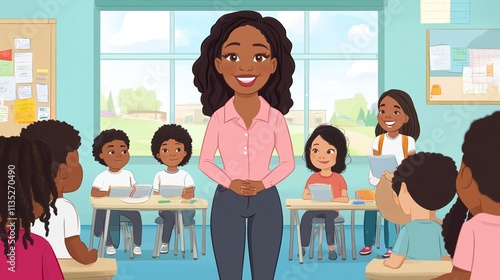 Happy African American Elementary School Teacher Engaging Students in a Classroom Setting for Educational Purposes