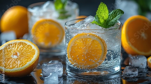 Refreshing citrus drink garnished with mint and ice cubes on a dark surface