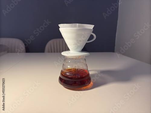 A minimalist pour-over coffee setup featuring a ceramic dripper, paper filter, glass carafe, and a black gooseneck kettle on a white table. photo