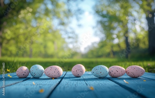 Colorful speckled eggs arranged on a blue wooden surface in a sunny outdoor s...