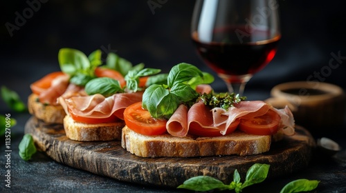 Delicious bruschetta topped with fresh ingredients served with red wine on wo...