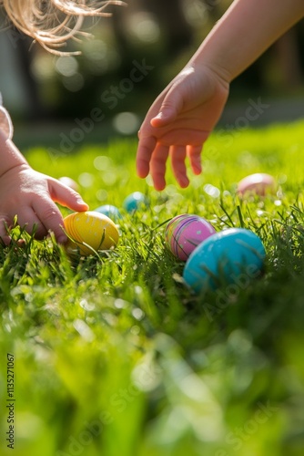 Children searching for colorful eggs in the grass during an outdoor Easter ce...