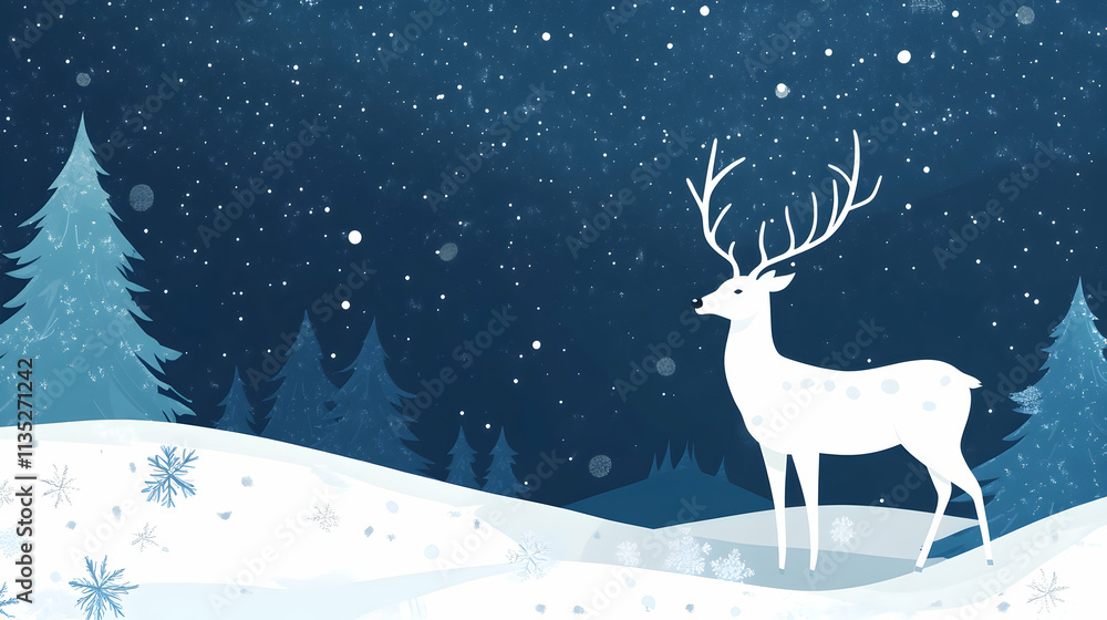 Serene snowy landscape featuring a white deer against a starry night sky Serene snowy landscape featuring a white deer against a starry night sky