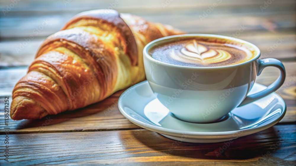 Golden croissant, creamy latte, morning bliss.A moment of quiet enjoyment- a croissant and latte on a rustic wooden table. Golden croissant, creamy latte, morning bliss.A moment of quiet enjoyment- a croissant and latte on a rustic wooden table.