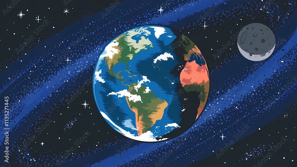 Vibrant Earth and Moon Illustration Against a Starry Background Vibrant Earth and Moon Illustration Against a Starry Background